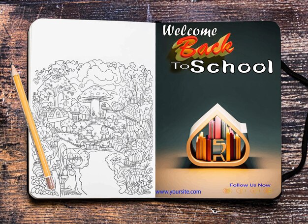 Вектор eps-постеры приветствуют возвращение в школу с книжкой-раскраской и логотипом книги