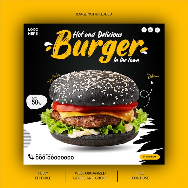 EPS vector delicious burger and food menu social media post design template