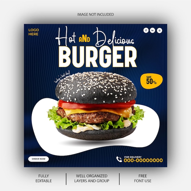 EPS 벡터 맛있는 햄버거와 음식 메뉴 소셜 미디어 포스트 디자인 템플릿