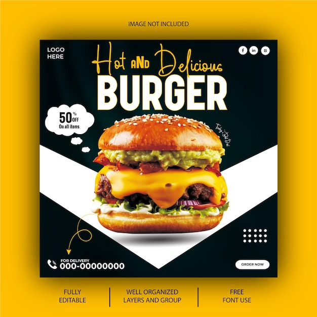 EPS vector heerlijke hamburger en eten menu social media post ontwerpsjabloon