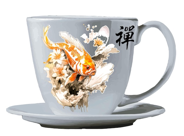 EPS vector tea cup mockup with carp fish image