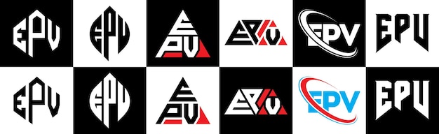 Vettore design del logo della lettera epv in sei stili poligono epv cerchio triangolo esagonale stile piatto e semplice con logo della lettera con variazione di colore in bianco e nero impostato in una tavola da disegno logo epv minimalista e classico