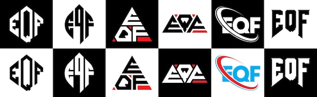 Vettore design del logo della lettera eqf in sei stili poligono eqf cerchio triangolo esagono stile piatto e semplice con logo della lettera con variazione di colore in bianco e nero impostato in una tavola da disegno logo eqf minimalista e classico