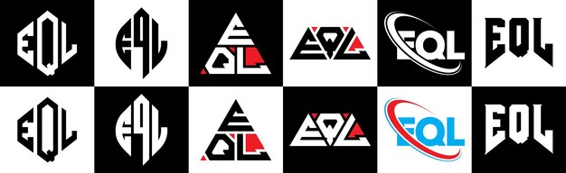 EQL letterlogo-ontwerp in zes stijlen EQL veelhoek cirkel driehoek zeshoek platte en eenvoudige stijl met zwart-witte kleurvariatie letterlogo in één tekengebied EQL minimalistisch en klassiek logo
