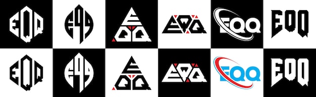 Vector eqq letterlogo-ontwerp in zes stijlen eqq veelhoek cirkel driehoek zeshoek platte en eenvoudige stijl met zwart-witte kleurvariatie letterlogo in één tekengebied eqq minimalistisch en klassiek logo