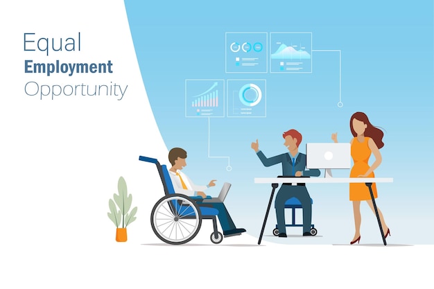 Equal employment opportunity and break the bias concept Man on wheelchair analyzing and discussing business graph report with team