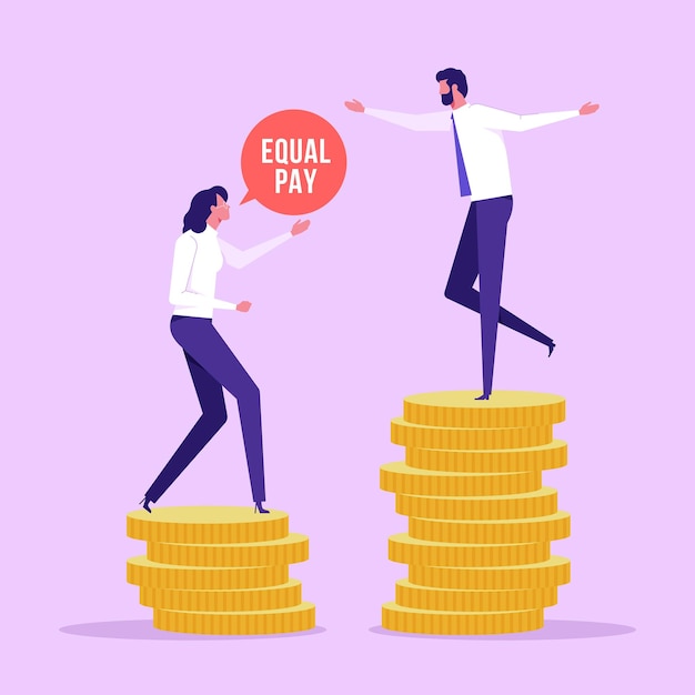 Equal pay gap concept. Business man and woman standing on coin stack