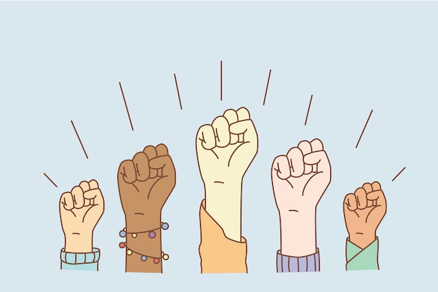 Вектор Равные права и концепция прекращения расизма. руки группы людей смешанной расы, показывающие кулаки, означающие равенство и прекращение дискриминации, векторная иллюстрация