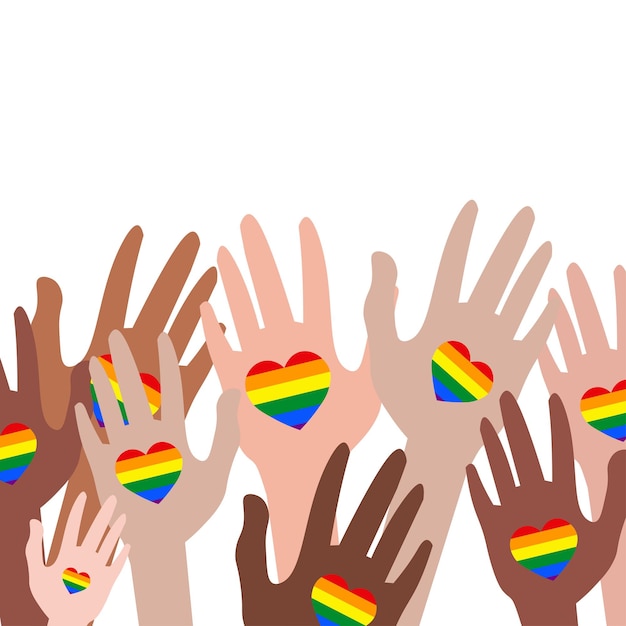 Equality illustration A lot of hands with an LGBTQ sign on them Vector illustration with a heart