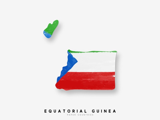 국가 국기가 있는 적도 기니 상세 지도. 국기에 수채화 페인트 색상으로 칠해졌습니다.