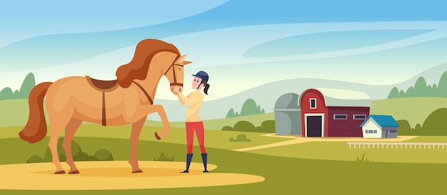 Equestrian background domestic horse and rides kids and parents equestrian training hall exact vector cartoon illustratiion