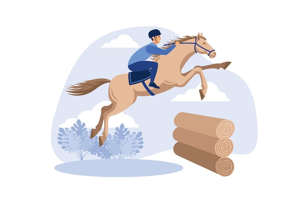 Equestrian Eventing Illustration of a horse with a rider jumping over the barrier from the wooden