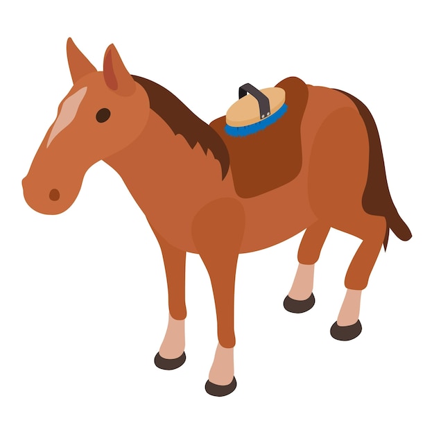 Equestrian icon isometric vector Standing horse with saddle and grooming brush Equestrian sport hobby