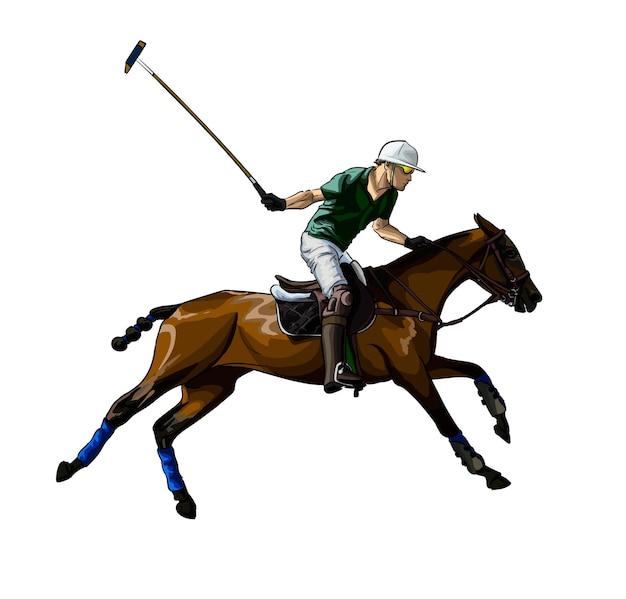水彩画のスプラッシュから騎手と乗馬ポロ色の描画乗馬