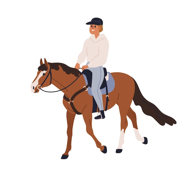 Лошадь для верховой езды счастливый всадник лошадиная прогулка хоби верховая езда всадник на жеребеке с уздечкой сидит на седле плоская векторная иллюстрация изолирована на белом фоне