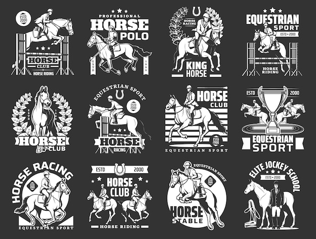 Icone vettoriali di equitazione e polo club, scuola di fantino, corsa, salto e dressage per sport equestri. cavalli da corsa, ippodromo e cavalieri, trofeo campione, finimenti, ferro di cavallo