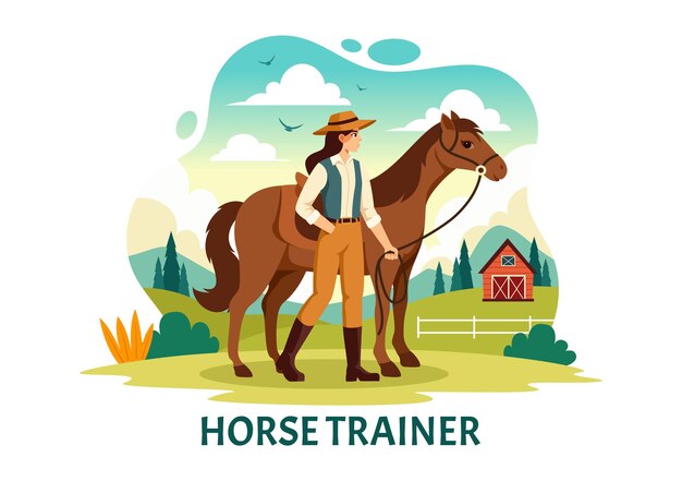 Векторная иллюстрация тренера лошадей для конного спорта с уроками верховой езды и бегущими лошадьми