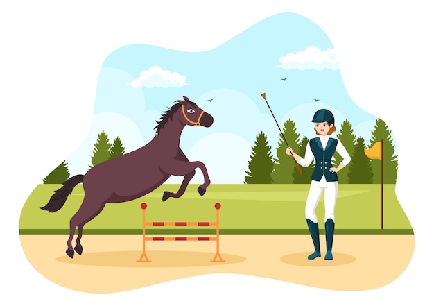 Vector equestrian sport horse trainer with riding and running horses in hand drawn template illustration