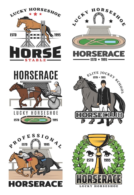 Equestrian sport horserace jockey school icons