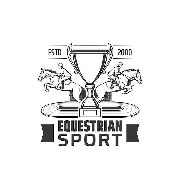 馬のヒッポドローム競馬場と競争の勝者カップまたはゴブレットの騎手と乗馬スポーツアイコン競馬トーナメントチャンピオンシップモノクロベクトルエンブレムラベルジャンプスタリオン