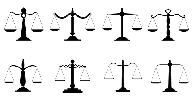 Equilibrium scales Trading or law scales Lawyers scales compare symbols balance and balancing signs