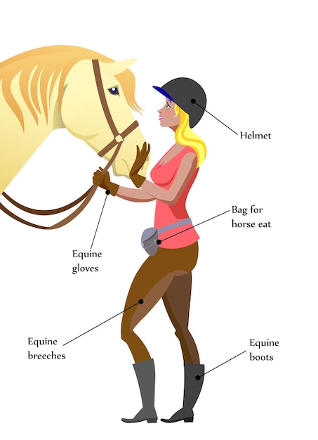 Vector equine poster with young girl and horse in cartoon style vector illustration