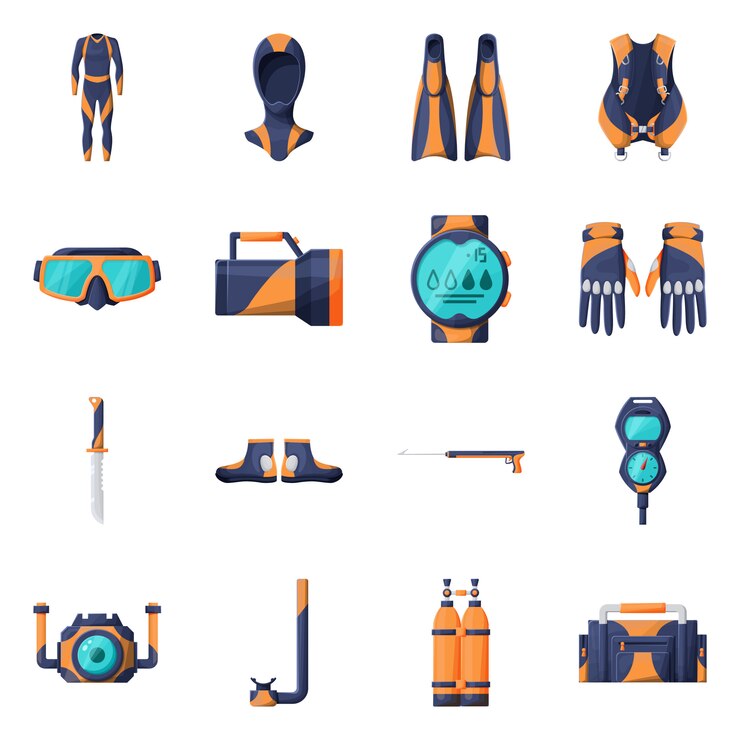 Vector equipment for diving  cartoon icon set.