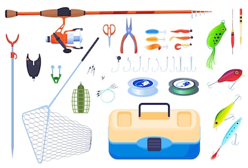 Premium Vector  Equipment for fishing. fishing rods, fishing line, hooks,  floats, bait, boat, fishing boots, net.