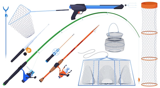 Вектор Снаряжение для рыбалки. удочки, леска, крючки, поплавки, наживка, сеть.