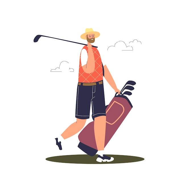 벡터 프로 골프 장비:남자 골프 코스 작업자는 게임, 토너먼트 또는 경쟁을 위해 클럽 묶음을 운반합니다. 만화 평면 벡터 일러스트 레이 션