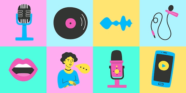 Equipment for sound recording and radio bright icons in flat style