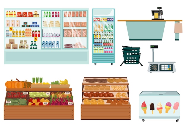 Equipment and storefronts for grocery stores Shelves filled with products cash drawer scales