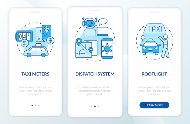 Equipment for taxi business blue and white onboarding mobile app screen. Company walkthrough 3 steps graphic instructions pages with concepts. UI, UX, GUI template. Myriad Pro-Bold, Regular fonts used