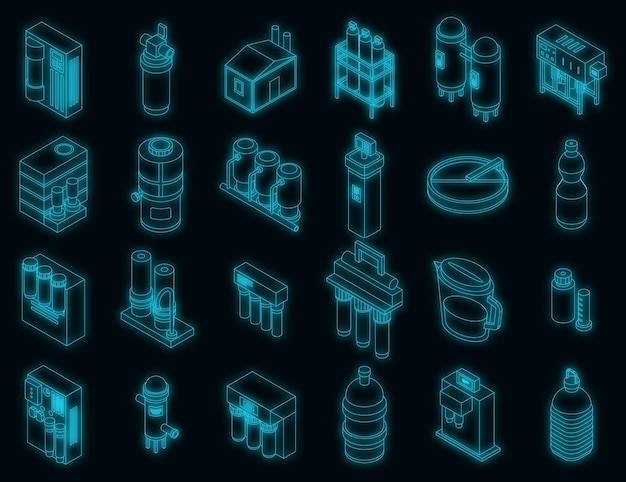 Equipment for water purification icons set vector neon