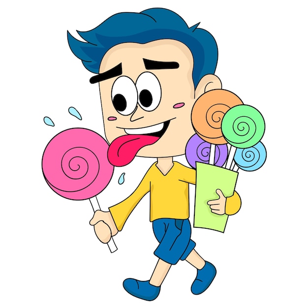 Er loopt een man met een zak snoeplolly's. cartoon illustratie leuke sticker