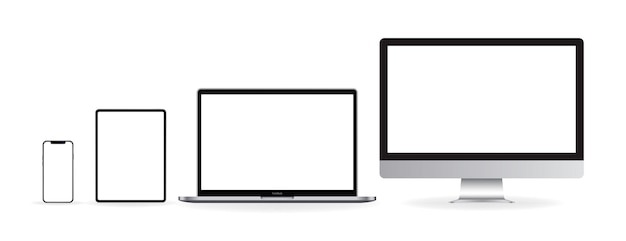 Er worden drie laptops getoond met een wit scherm.