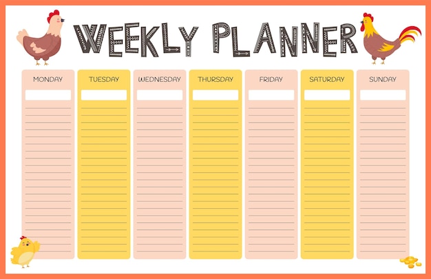 Er wordt een weekplanner getoond met een gele en oranje achtergrond.