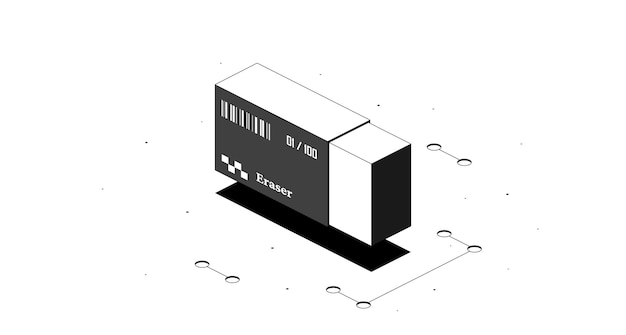 Eraser rubber. Black and white isometric 3d illustration isolated on white background. Vector design.