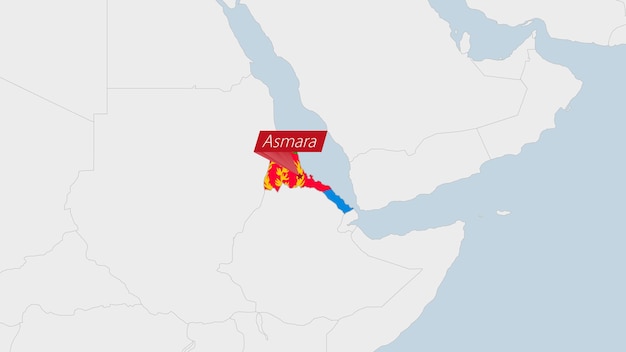 Eritrea kaart gemarkeerd in eritrea vlag kleuren en pin van de hoofdstad asmara