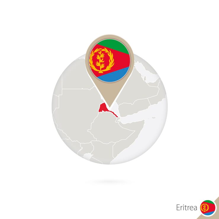 Vector eritrea map and flag in circle. map of eritrea, eritrea flag pin. map of eritrea in the style of the globe. vector illustration.