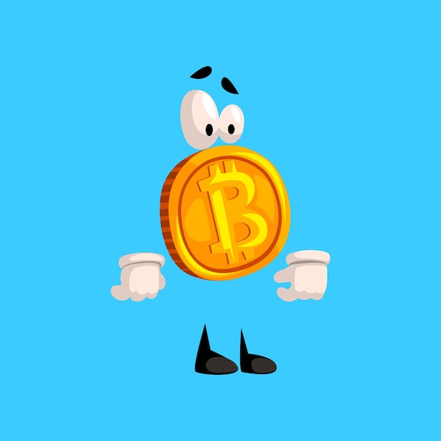 Ernstige bitcoin karakter, grappige crypto valuta emoticon vector illustratie geïsoleerd op een hemelsblauwe achtergrond.