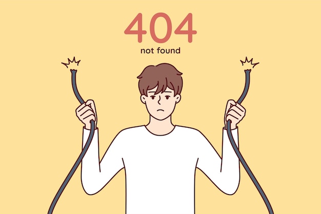 Eror 404 with sad man holding broken wire and having trouble accessing internet site Vector image