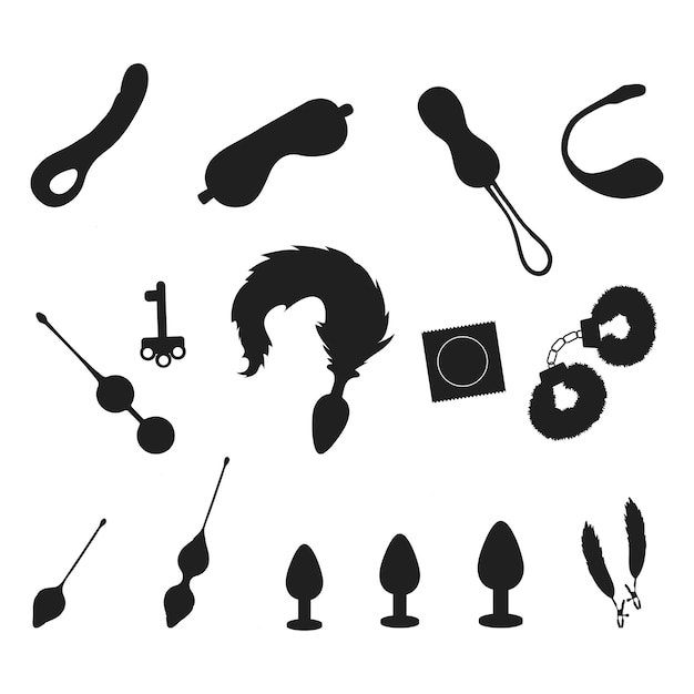 Vector erotic toys set in flat style isolated icon sex collection of dildo butt plug maskcondims brace