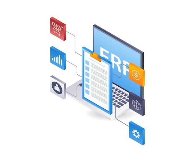 Vector erp computer developer network business technology infographic illustration 3d flat isometric