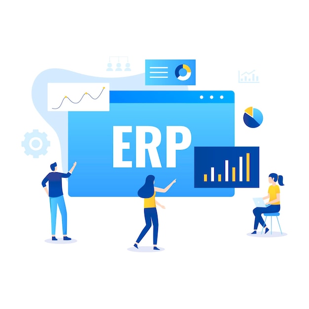 Vector erp enterprise resource planning illustratie concept, productiviteit en bedrijfsverbetering. illustratie