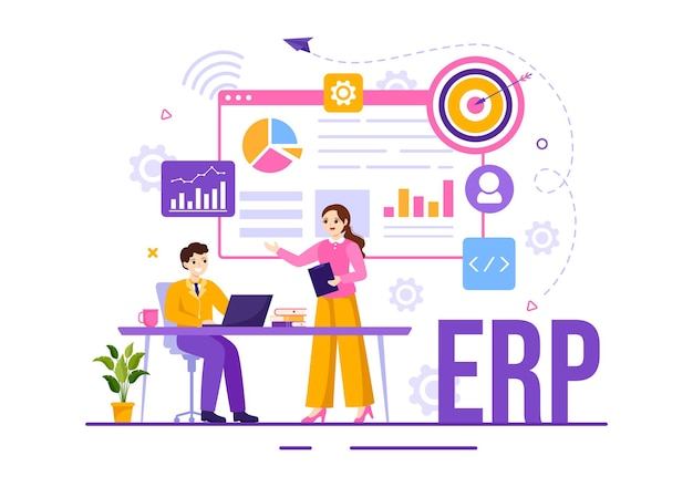 비즈니스 통합 및 개선이 포함된 Erp Enterprise Resource Planning System 일러스트레이션