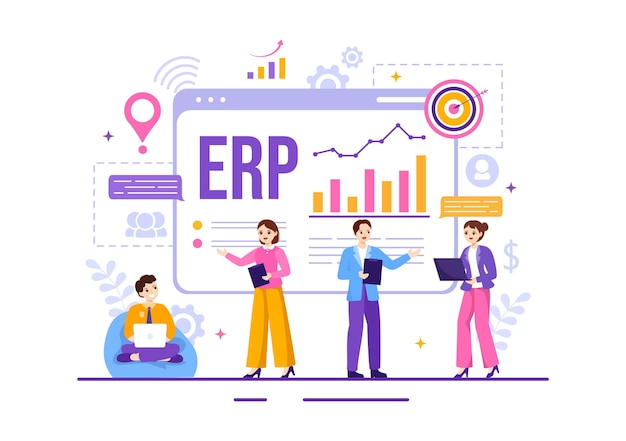 Vector erp enterprise resource planning system illustration with business integration and enhancement