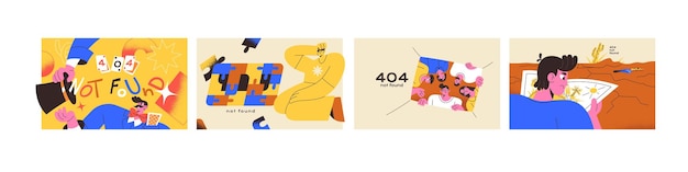 Error 404 concept set Mistakes on website Web page not found warning Broken webpage access Problems with internet connection Alert about wrong online address of site Flat vector illustrations