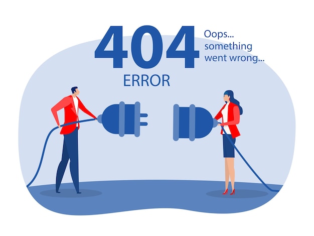 Вектор Ошибка 404 на целевой странице: люди держат отключенный кабель. веб-сайт не найден.