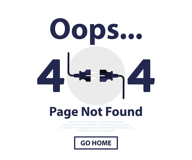 Вектор Ошибка 404: страница не найдена. системная ошибка. неработающая страница. запрошенная вами страница не может быть найдена. веб-шаблон plug and socket для презентаций, инфографических веб-приложений и других целей.